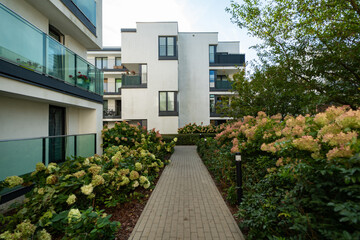 A beautiful landscaped garden inside a residential property. A paved path runs between lush hydrangea bushes and hedges, leading toward apartment homes and creating a serene living environment.