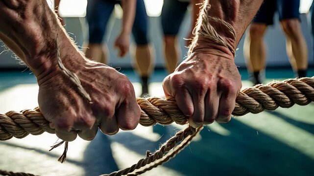 Close-up of strong muscular hands gripping a thick rope during a competitive indoor tug of war game with blurred team members in background

