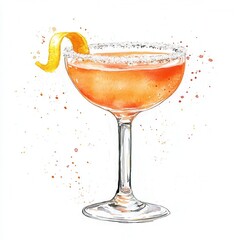 Sidecar cocktail in a coupe glass with sugar rim and orange peel garnish. Watercolor illustration isolated on white background. Brandy-based classic cocktail with citrus. 