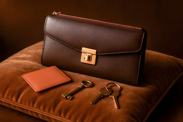 Luxurious Leather Bag with Keys and Wallet