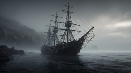 Fototapeta premium A weathered ship rests in a misty cove.