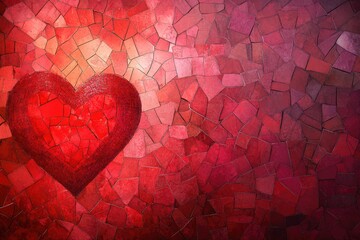 Red heart mosaic art: abstract romantic background in shades of red tiles