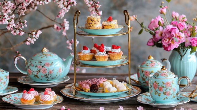 Luxurious high tea set with three-tier tray of sweets