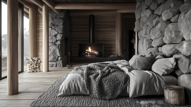Inviting rustic cabin, open hearth, textured pillows, outdoor vibes