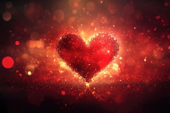 Glowing red heart amidst sparkling bokeh lights for romantic themes