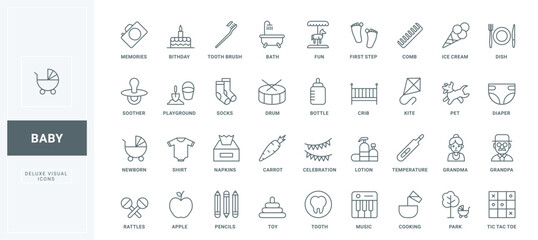 Milk bottle and diaper, stroller and infant bed of happy childhood, music and family memory thin black outline symbols vector illustration. Newborn baby care and pregnancy line icon set.