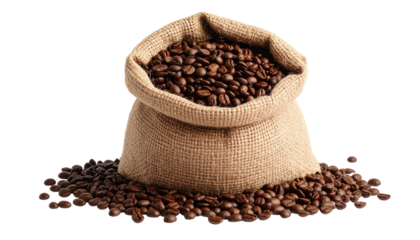Full burlap sack overflowing with roasted coffee beans, isolated on transparent background, ideal for coffee themed projects
