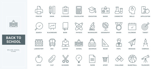 Outline education and graduation symbols, pictograms of knowledge and study on class lesson, book and telescope, backpack and bus. Back to school thin black and red line icons set vector illustration