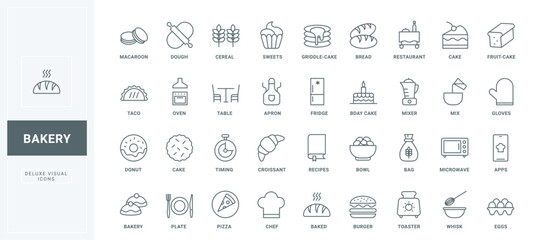 Birthday cake and muffin, bread and donut for breakfast, croissant and biscuit thin black outline symbols vector illustration. Bakery food elements, oven and chefs tools line icons set.