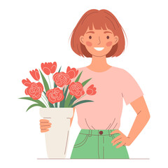 Smiling young female florist holding a red bouquet. Woman with flowers in pot. Modern vector flat illustration for flower shops, gifts, and celebrations. Professional and inviting hand drawn design.