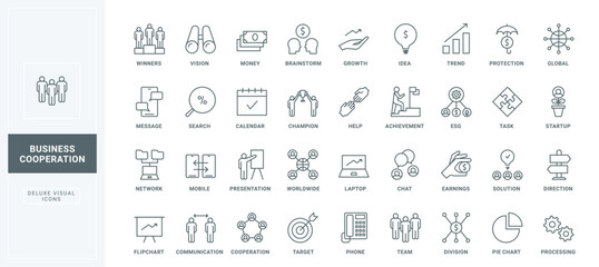 Team strategy and startup solution, success direction to trends, work progress thin black and red outline symbols, vector illustration. Business cooperation, teamwork and partnership line icons set