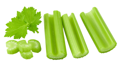 Crisp celery stalks, chopped segments, green leaves arranged neatly, showcasing fresh vegetable freshness on clean surface