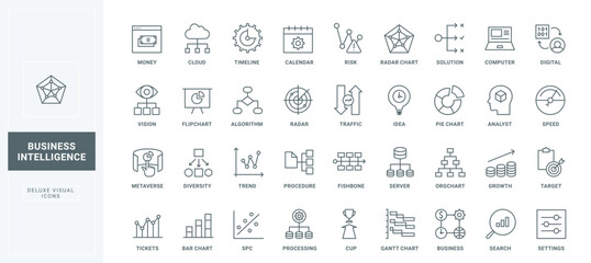 Reports and charts research thin black outline symbols vector illustration. Business data analysis, trend analytics with cloud services and AI, diversity of options and settings line icons set.