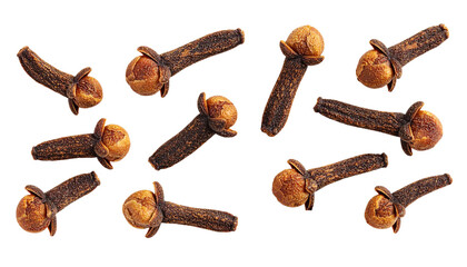 Cloves falling against a transparent background, creating a dynamic visual perfect for food and beverage projects