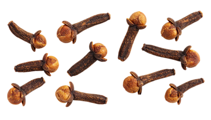 Cloves falling against a transparent background, creating a dynamic visual perfect for food and beverage projects