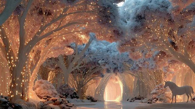 Enchanted Winter Forest with Unicorn and Illuminated Trees, Perfect for Fantasy Themes - Powered by Adobe