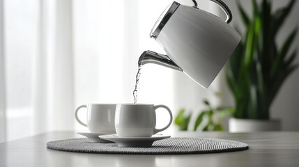 Modern electric kettle pouring water into cup