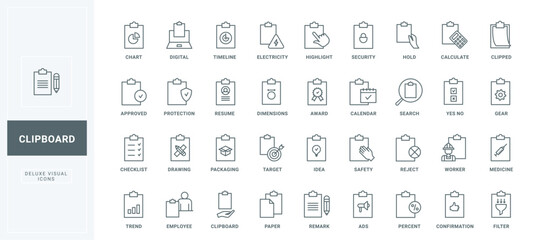 Checklist with check marks, search for digital document, medical notes and survey, paper with gear and target thin black and red outline symbols, vector illustration. Clipboard line icons set