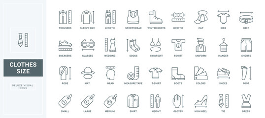 Fashion clothing and charts thin black outline symbols vector illustration. Tailors guide to measure length, width, and circumference of body parts to sew and buy clothes line icons set.