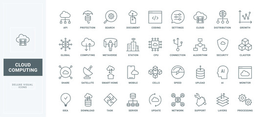 Server services for security system and storage documents, digital access protection, network connection thin black and red outline symbols, vector illustration. Cloud computing line icons set.