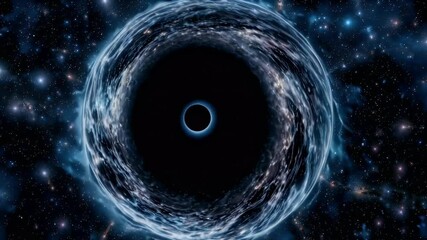 A black hole looms amidst a starspeckled cosmos surrounded by an ethereal swirling accretion disk - Powered by Adobe