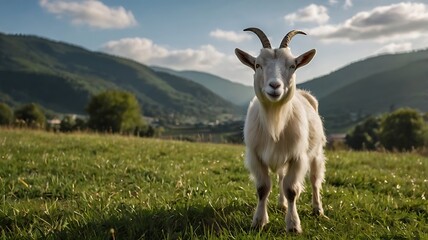 Obraz premium Majestic Mountain Goat in Serene Pastoral Landscape