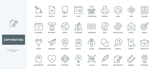 Authors pen and typewriter to write articles, magnet to attract blog followers and feedback, new ideas for text thin black and red outline symbols, vector illustration. Copyright line icons set.