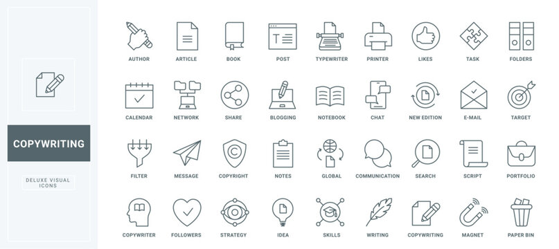 Authors pen and typewriter to write articles, magnet to attract blog followers and feedback, new ideas for text thin black and red outline symbols, vector illustration. Copyright line icons set.