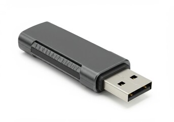 Gray usb drive isolated on white background for data storage, backup, and file transfer.