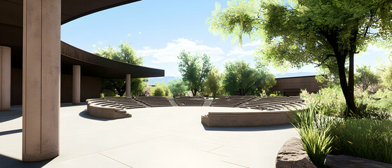 Sunny Courtyard With Trees And Modern Architecture