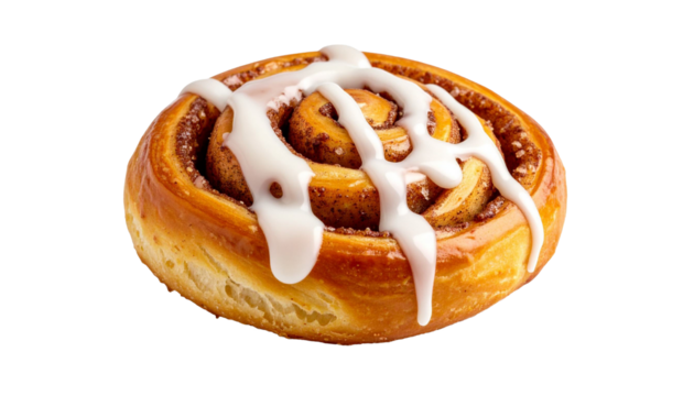 Frosted cinnamon roll spiraling with warm spice, drizzled in creamy white glaze, resting on clean transparent surface for culinary design