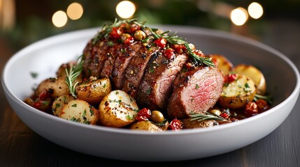 Delicious roast lamb with new potatoes, cherry tomatoes, and olives garnished with herbs on a festive table.