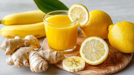 Fresh yellow smoothie in a glass surrounded by bananas, lemons, and ginger on a wooden board.