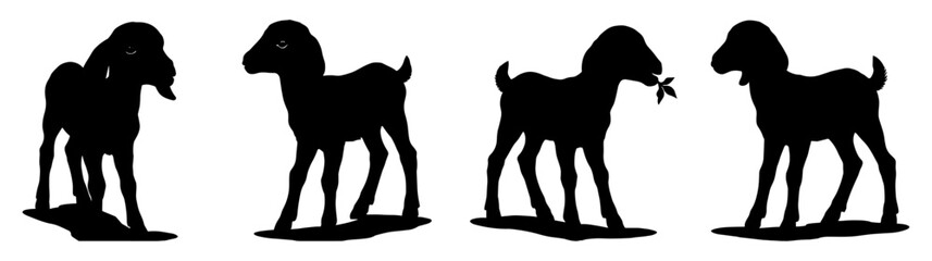Silhouette of baby goats in various poses, isolated on white background. Ideal for farm animal themes, design elements, and children's vector illustrations.