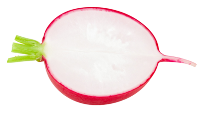 Halved radish revealing crisp white flesh, green leaves, and slender root against transparent backdrop