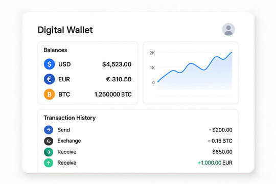 Realistic Digital Wallet Dashboard With Multiple Currency Balances