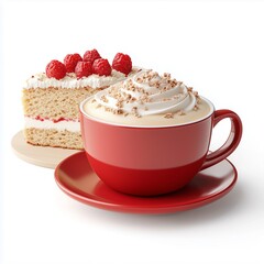 Red coffee cup with whipped cream and a slice of raspberry cake on a wooden plate, white background.