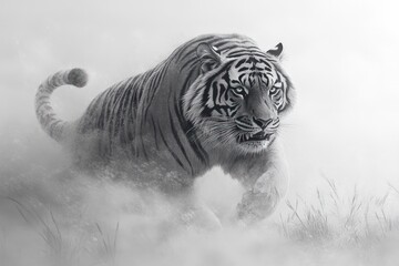 Naklejka premium Majestic tiger in misty landscape