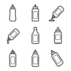 Fototapeta premium Sauce Bottle Icon Set Collection. Nine Outline Illustrations of Condiment Bottles 