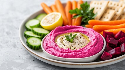 Vibrant rainbow hummus plate served with fresh vegetables, crackers, and lemon wedges on a white background.