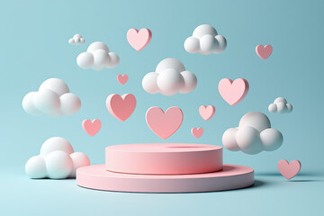 Pink podium with hearts and clouds on a light blue background