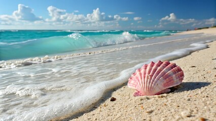 Obraz premium Pink Seashell on Sandy Beach with Ocean Wave at