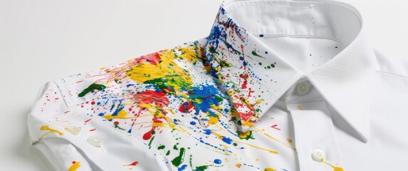 Fototapeta premium High-end white dress shirt stained with vibrant paint splatters, detailed texture of expensive cotton fabric, messy yet stylish look, isolated on white.