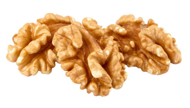 Cracked walnut kernel resting against transparent background, highlighting natural texture and nutritional value