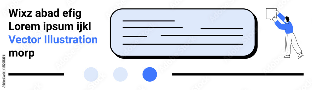 Poster content box with text lines, a man holding a document, circular navigation indicators, and minimalis