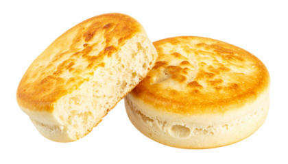 Close up of two halves of a toasted english muffin, showcasing its nooks, crannies, and fluffy texture, isolated on a transparent background