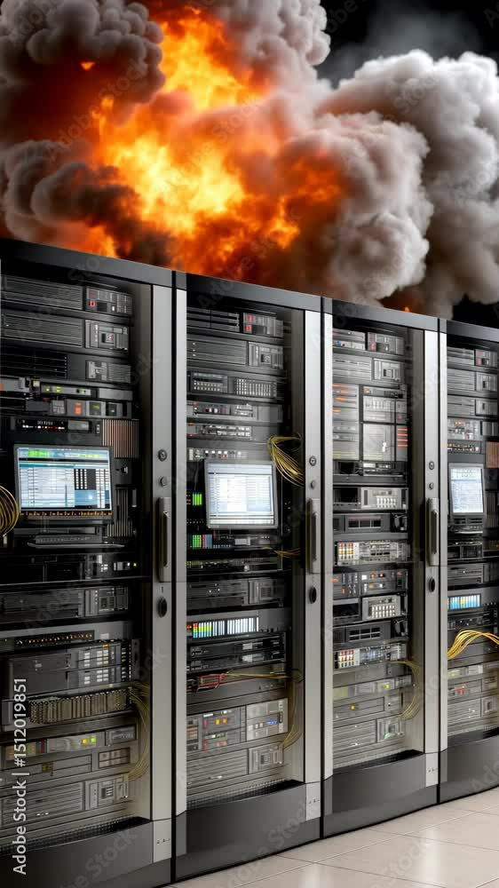 Poster explosive cyber attack simulation showcasing server room destruction during a critical data breach s