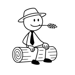 Stick figure farmer sitting on log with wheat in mouth