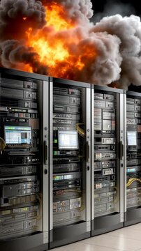 Explosive cyber attack simulation showcasing server room destruction during a critical data breach scenario