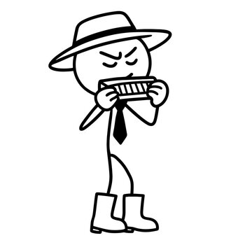 Stick figure farmer playing harmonica in black and white